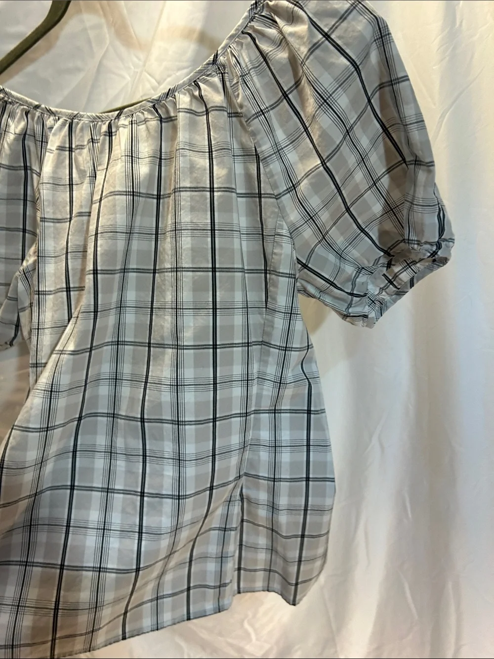J. Crew White and Black Plaid Off-Shoulder Blouse